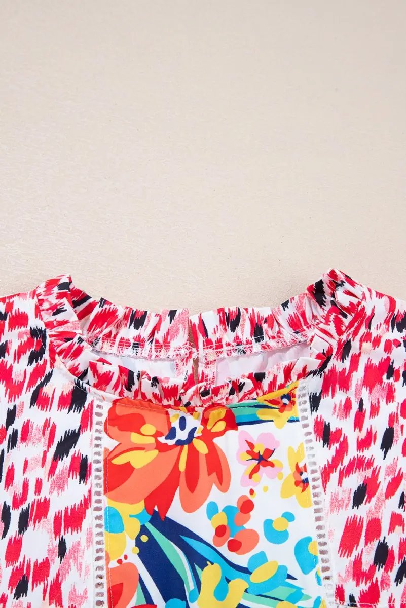 Red Floral Mixed Print Ruffle Cap Sleeve Blouse for Women - Love Salve